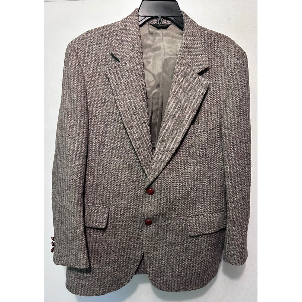 Harris Tweed Mens Wool Herringbone Blazer Sport Coat Grey Brown USA Made Vintage